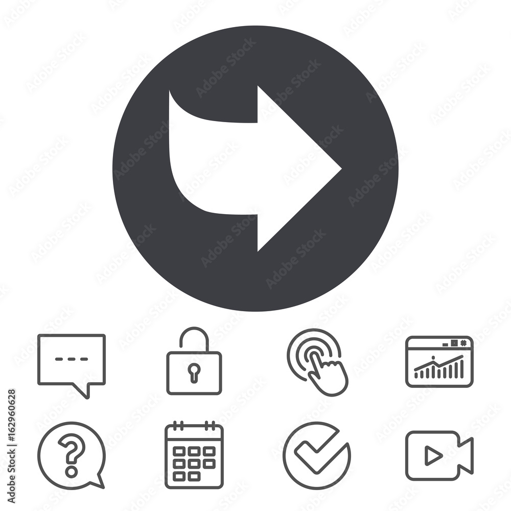 Poster arrow sign icon. next button. navigation symbol. calendar, locker and speech bubble line signs. vide
