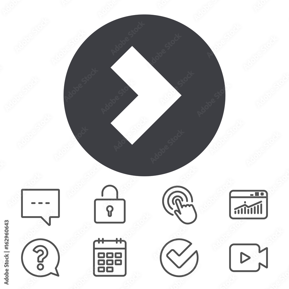Poster arrow sign icon. next button. navigation symbol. calendar, locker and speech bubble line signs. vide