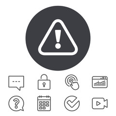 Attention sign icon. Exclamation mark. Hazard warning symbol. Calendar, Locker and Speech bubble line signs. Video camera, Statistics and Question icons. Vector