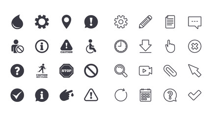 Set of Attention, Information and Caution icons. Question mark, warning and stop signs. Injury, disabled person and tick symbols. Calendar, Document and Download line signs. Vector