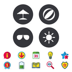Beach holidays icons. Ball, umbrella and sunglasses signs. Summer sun symbol. Calendar, Information and Download signs. Stars, Award and Book icons. Light bulb, Shield and Search. Vector