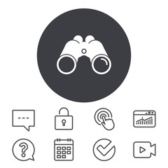 Binoculars icon. Find software sign. Spy equipment symbol. Calendar, Locker and Speech bubble line signs. Video camera, Statistics and Question icons. Vector