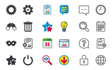 Anonymous mask and cogwheel gear icons. Recycle bin delete and power sign symbols. Chat, Report and Calendar signs. Stars, Statistics and Download icons. Question, Clock and Globe. Vector