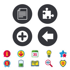 Plus add circle and puzzle piece icons. Document file and back arrow sign symbols. Calendar, Information and Download signs. Stars, Award and Book icons. Light bulb, Shield and Search. Vector