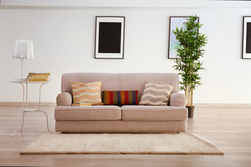 Modern living room with grey couch
