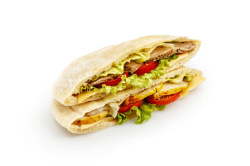 Bread pita with a filling of chicken and veal isolated on white
