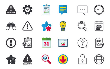 Attention caution icons. Hazard warning symbols. Exclamation sign. Chat, Report and Calendar signs. Stars, Statistics and Download icons. Question, Clock and Globe. Vector
