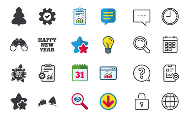 Happy new year icon. Christmas trees signs. World globe symbol. Chat, Report and Calendar signs. Stars, Statistics and Download icons. Question, Clock and Globe. Vector