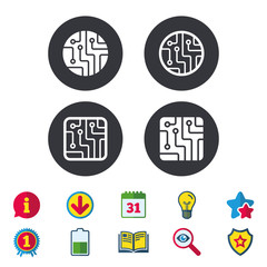 Circuit board icons. Technology scheme circles and squares sign symbols. Calendar, Information and Download signs. Stars, Award and Book icons. Light bulb, Shield and Search. Vector