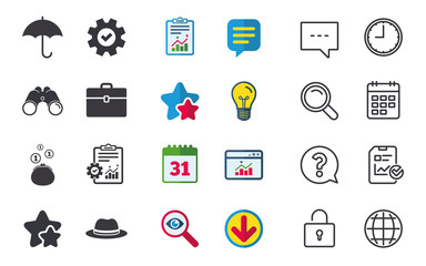 Clothing accessories icons. Umbrella and headdress hat signs. Wallet with cash coins, business case symbols. Chat, Report and Calendar signs. Stars, Statistics and Download icons. Vector