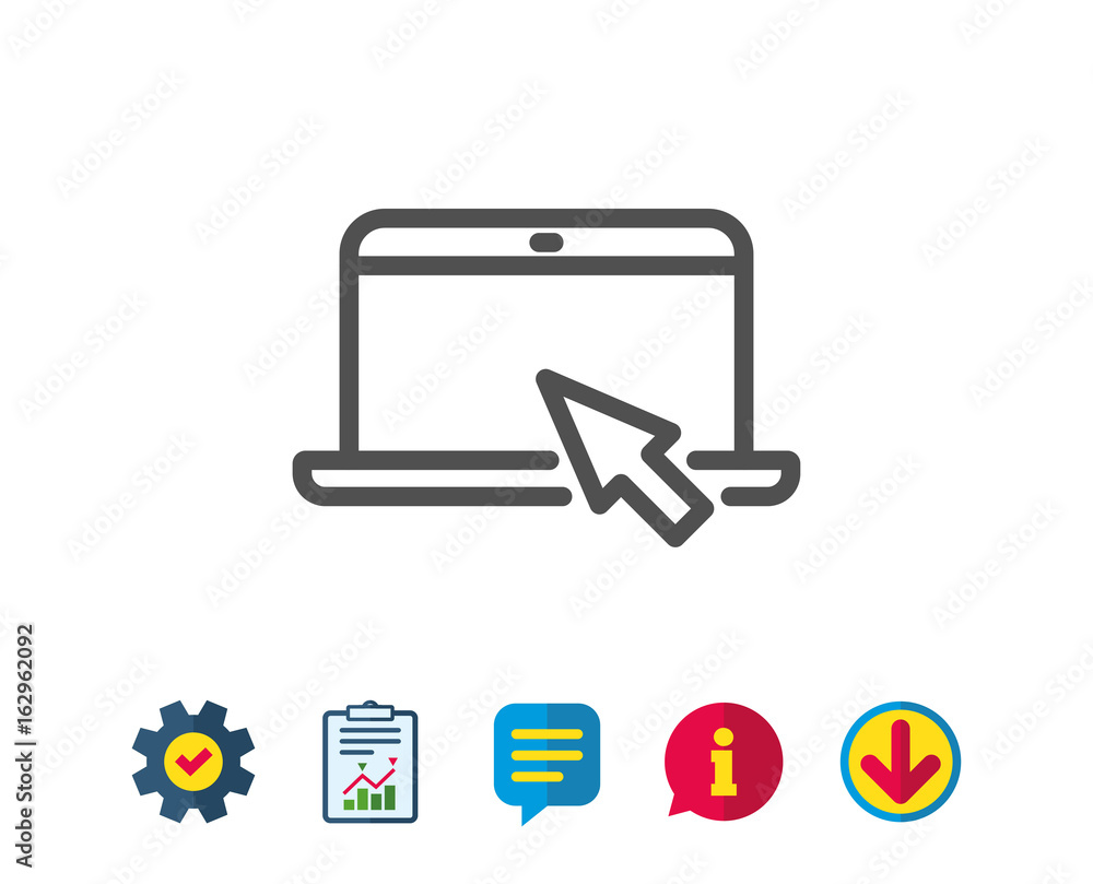 Poster laptop computer icon. notebook with mouse cursor sign. portable personal computer symbol. report, se