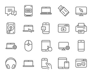 Mobile Devices line icons. Set of Laptop, Tablet PC and Smartphone signs. HDD, SSD and Flash drives. Headphones, Printer and Mouse symbols. Chat speech bubbles. Quality design elements. Vector
