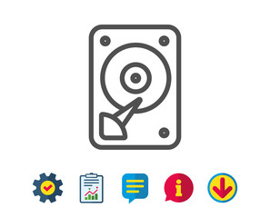 HDD icon. Hard disk storage sign. Hard drive memory symbol. Report, Service and Information line signs. Download, Speech bubble icons. Editable stroke. Vector