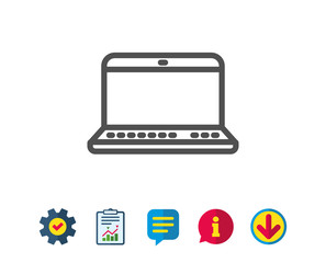 Laptop computer icon. Notebook sign. Portable personal computer symbol. Report, Service and Information line signs. Download, Speech bubble icons. Editable stroke. Vector