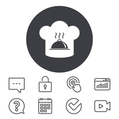 Chef hat sign icon. Cooking symbol. Cooks hat with hot dish. Calendar, Locker and Speech bubble line signs. Video camera, Statistics and Question icons. Vector