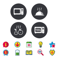 Microwave grill oven icons. Cooking apple and pear signs. Food platter serving symbol. Calendar, Information and Download signs. Stars, Award and Book icons. Light bulb, Shield and Search. Vector