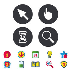 Mouse cursor and hand pointer icons. Hourglass and magnifier glass navigation sign symbols. Calendar, Information and Download signs. Stars, Award and Book icons. Light bulb, Shield and Search. Vector