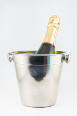 Botella de champán y cubitera sobre fondo blanco