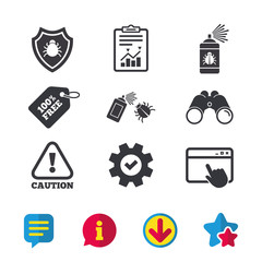 Bug disinfection icons. Caution attention and shield symbols. Insect fumigation spray sign. Browser window, Report and Service signs. Binoculars, Information and Download icons. Stars and Chat. Vector