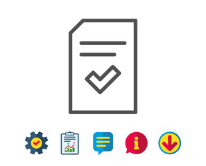 Checked Document line icon. Information File with Check sign. Correct Paper page concept symbol. Report, Service and Information line signs. Download, Speech bubble icons. Editable stroke. Vector