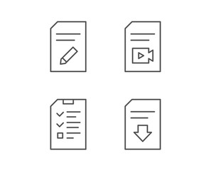 Document, Checklist and Download file line icons. Document Management, Edit document and Video file signs. Quality design elements. Editable stroke. Vector