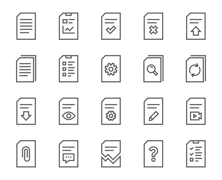 Document Management line icons. Set of Report, Checklist and Copy signs. Download file, Remove and Attach clip symbols. Search, Edit and Corrupt file. Quality design elements. Editable stroke. Vector