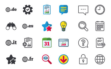 Top-level internet domain icons. De, It, Es and Fr symbols with globe. Unique national DNS names. Chat, Report and Calendar signs. Stars, Statistics and Download icons. Question, Clock and Globe