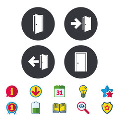 Doors icons. Emergency exit with arrow symbols. Fire exit signs. Calendar, Information and Download signs. Stars, Award and Book icons. Light bulb, Shield and Search. Vector
