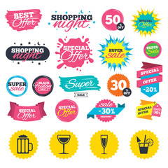 Sale shopping banners. Alcoholic drinks icons. Champagne sparkling wine with bubbles and beer symbols. Wine glass and cocktail signs. Web badges, splash and stickers. Best offer. Vector