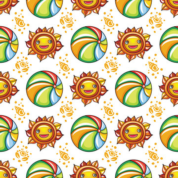 Vector summer pattern. Seamless texture with hand drawn doodle vacation objects:  cute little sun with smiling face and colorful beach ball, ocean waves, silhouette of seashells and crabs. 