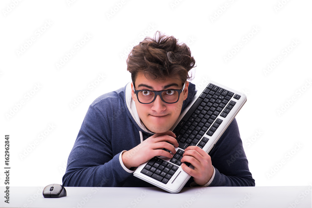 Aufkleber funny nerd man working on computer isolated on white