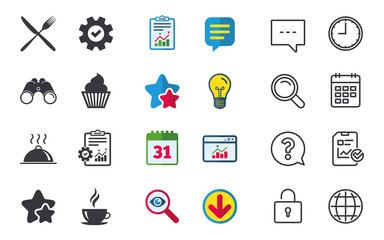 Food and drink icons. Muffin cupcake symbol. Fork and knife sign. Hot coffee cup. Food platter serving. Chat, Report and Calendar signs. Stars, Statistics and Download icons. Question, Clock and Globe