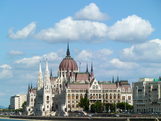 Budapest Hungarian parliment with sun and clouds