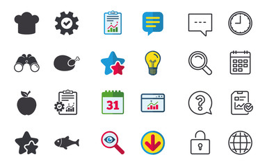 Food icons. Apple fruit with leaf symbol. Chicken hen bird meat sign. Fish and Chef hat icons. Chat, Report and Calendar signs. Stars, Statistics and Download icons. Question, Clock and Globe. Vector