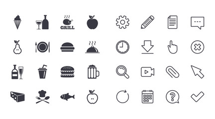 Set of Food and Drinks icons. Restaurant meal, Wine and Cheese signs. Burger, Milkshake and Beer symbols. Calendar, Document and Download line signs. Pencil, Service and Search icons. Vector
