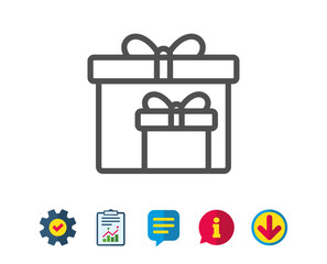 Gift boxes line icon. Present or Sale sign. Birthday Shopping symbol. Package in Gift Wrap. Report, Service and Information line signs. Download, Speech bubble icons. Editable stroke. Vector