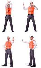 Obraz premium Businessman with rescue safety vest on white