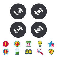 Hands insurance icons. Human life insurance symbols. Nature leaf protection symbol. House property insurance sign. Calendar, Information and Download signs. Stars, Award and Book icons. Vector