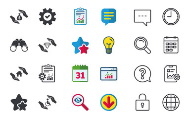 Fototapeta premium Hands insurance icons. Money bag savings insurance symbols. Disabled human help symbol. House property insurance sign. Chat, Report and Calendar signs. Stars, Statistics and Download icons. Vector
