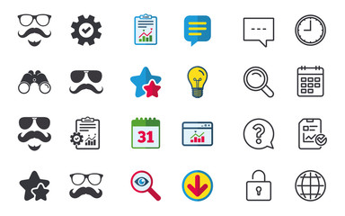 Mustache and Glasses icons. Hipster with beard symbols. Facial hair signs. Chat, Report and Calendar signs. Stars, Statistics and Download icons. Question, Clock and Globe. Vector