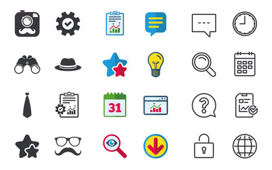 Hipster photo camera with mustache icon. Glasses and tie symbols. Classic hat headdress sign. Chat, Report and Calendar signs. Stars, Statistics and Download icons. Question, Clock and Globe. Vector