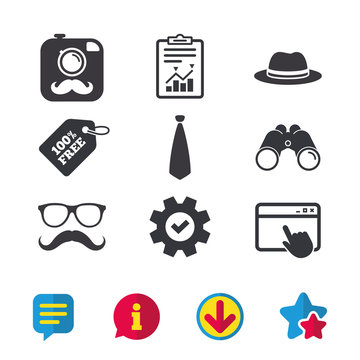 Hipster photo camera with mustache icon. Glasses and tie symbols. Classic hat headdress sign. Browser window, Report and Service signs. Binoculars, Information and Download icons. Stars and Chat