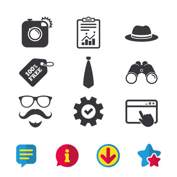 Hipster photo camera. Mustache with beard icon. Glasses and tie symbols. Classic hat headdress sign. Browser window, Report and Service signs. Binoculars, Information and Download icons. Vector