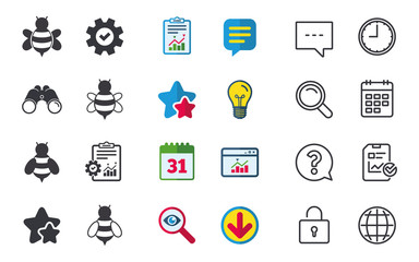 Honey bees icons. Bumblebees symbols. Flying insects with sting signs. Chat, Report and Calendar signs. Stars, Statistics and Download icons. Question, Clock and Globe. Vector