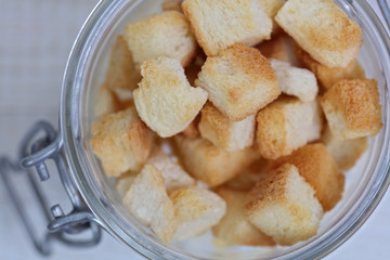 Crispy croutons , toasted bread in a bowl.