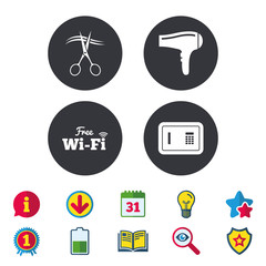 Hotel services icons. Wi-fi, Hairdryer and deposit lock in room signs. Wireless Network. Hairdresser or barbershop symbol. Calendar, Information and Download signs. Stars, Award and Book icons
