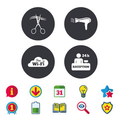 Hotel services icons. Wi-fi, Hairdryer in room signs. Wireless Network. Hairdresser or barbershop symbol. Reception registration table. Calendar, Information and Download signs. Vector