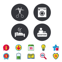 Hotel services icons. Washing machine or laundry sign. Hairdresser or barbershop symbol. Reception registration table. Quiet sleep. Calendar, Information and Download signs. Vector