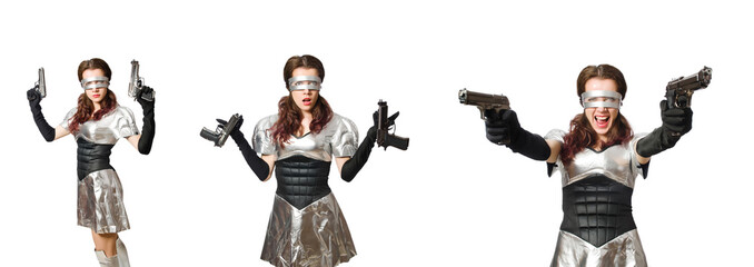 Woman in tech concept isolated on white