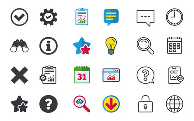 Information icons. Delete and question FAQ mark signs. Approved check mark symbol. Chat, Report and Calendar signs. Stars, Statistics and Download icons. Question, Clock and Globe. Vector